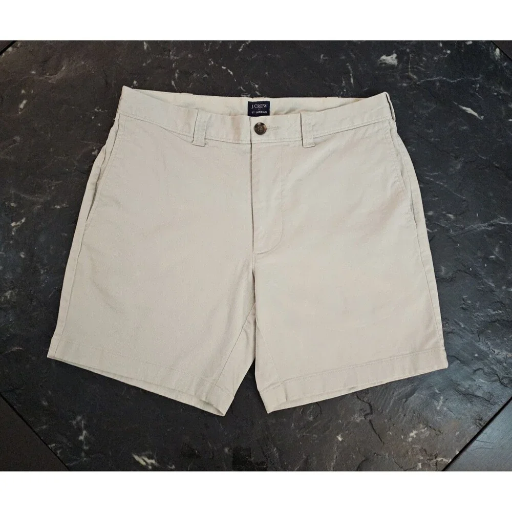 J.Crew Men's Beige Chino Shorts Size 31 Cotton 7 Inch Inseam Stretch Flat Front